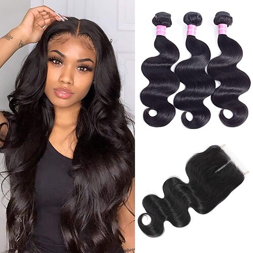 

3 Bundles with Closure Hair Weaves Brazilian Hair Body Wave Human Hair Extensions Remy Human Hair Natural Color Hair Weaves / Hair Bulk 10-26 inch Natural Soft Classic Easy to Carry / Daily Wear