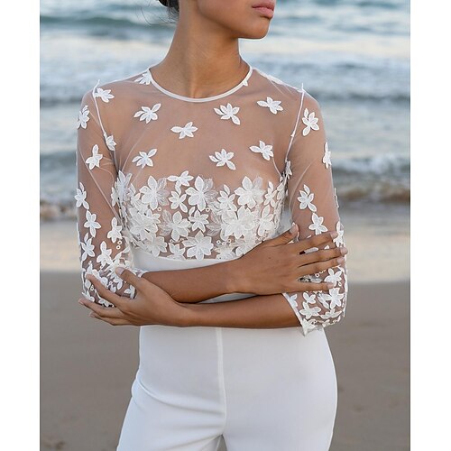 

Jumpsuits Wedding Dresses Jewel Neck Ankle Length Stretch Fabric Half Sleeve Country Beach with Appliques Solid Color 2022