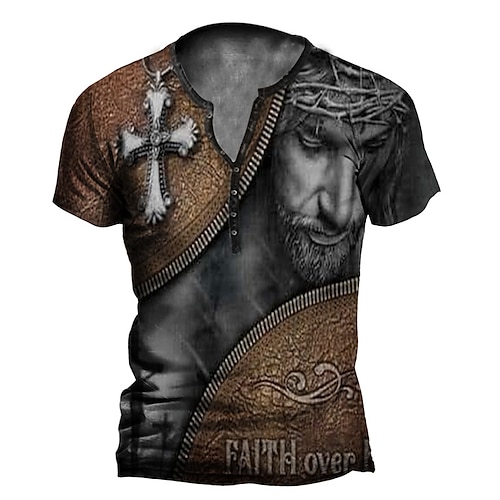 

Men's T shirt Tee Henley Shirt Graphic Human face Henley Brown Short Sleeve Outdoor Casual Button-Down Print Tops Vintage Designer Casual Classic / Summer / Summer