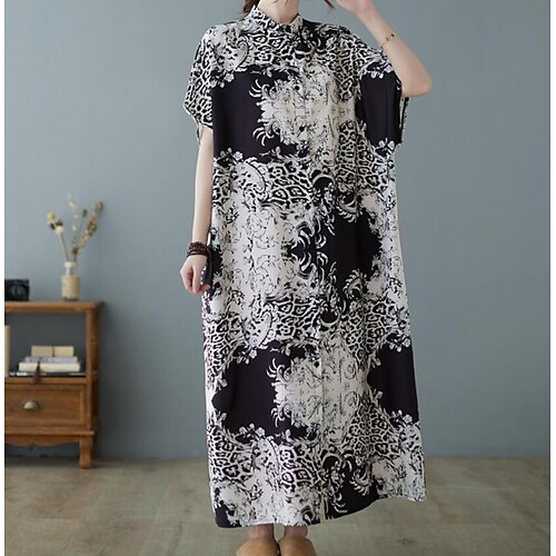 

Women's Shift Dress Maxi long Dress Black Short Sleeve Print Print Summer Stand Collar Vintage Linen One-Size