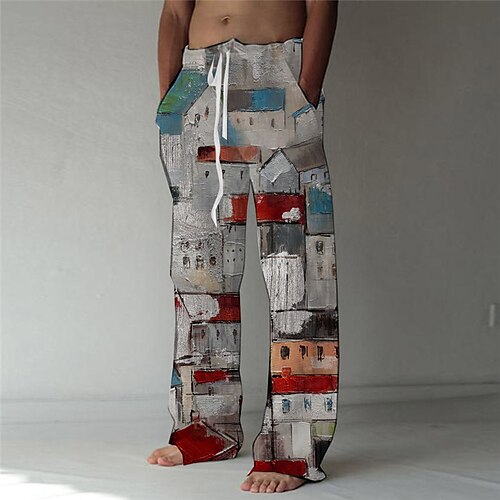 

Men's Fashion Designer Straight Trousers 3D Print Elastic Drawstring Design Front Pocket Pants Casual Daily Graphic Prints Ink Painting Comfort Soft Mid Waist Gray S M L XL XXL