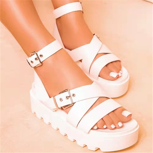 

Mujer Sandalias Sandalias de plataforma Tallas Grandes Diario Verano Plataforma Puntera abierta Casual Cuero PU Mocasín Color sólido Negro Blanco Rosa