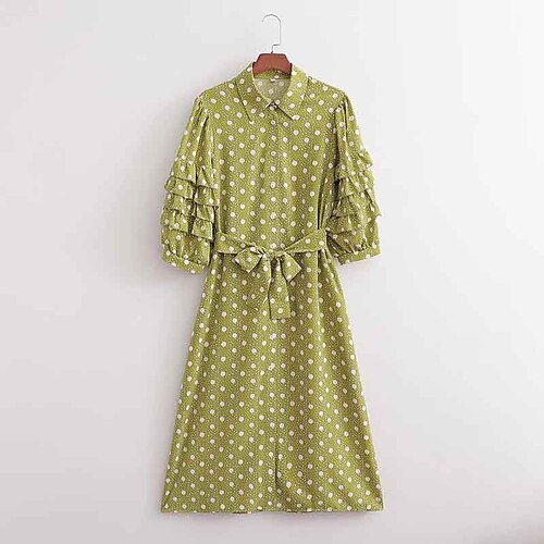

Women's PolkaDotDress Knee Length Dress Light Green 3/4 Length Sleeve Polka Dot Print Summer Shirt Collar Formal Puff Sleeve 2022 S M L