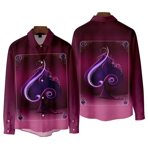 

Men's Shirt 3D Print Poker Collar Street Casual Long Sleeve Tops Fashion Vintage Classic Purple