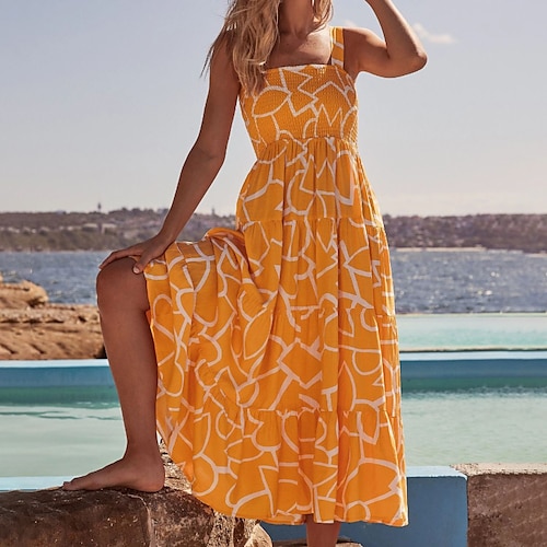 

Women's Strap Dress Midi Dress Yellow Light Blue Sleeveless Floral Backless Cold Shoulder Print Spring Summer Spaghetti Strap Casual 2022 S M L XL