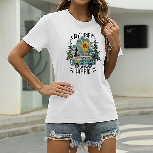 

Women's T shirt Graphic Letter Print Round Neck Basic Tops Green Blue White