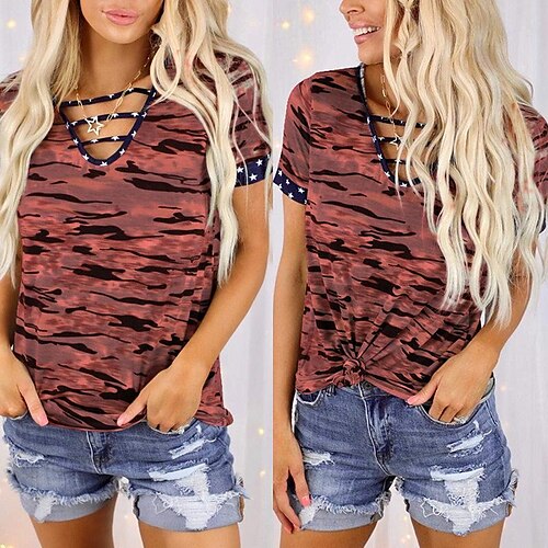 

Women's T shirt Tee Camo Casual Daily T shirt Tee Short Sleeve Cut Out V Neck Basic Essential Vintage Green Blue Grey S / 3D Print