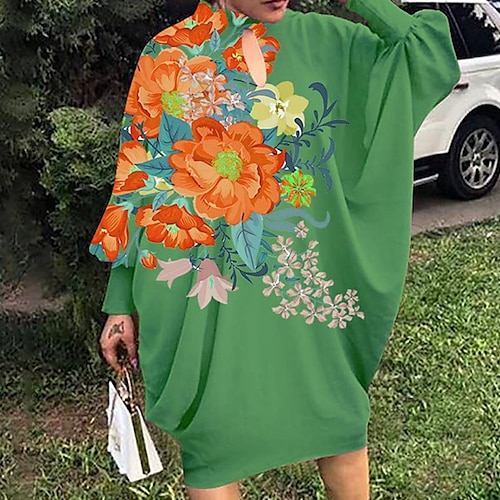 

Women's Plus Size Casual Dress Floral Turtleneck Ruched Long Sleeve Fall Spring Casual Midi Dress Causal Daily Dress / Print