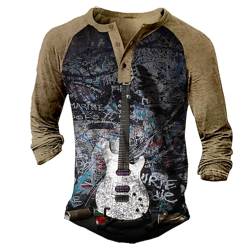 

Men's Henley Shirt Tee T shirt 3D Print Graphic Musical Instrument Plus Size Henley Daily Sports Patchwork Button-Down Long Sleeve Tops Basic Casual Classic Designer Light Brown