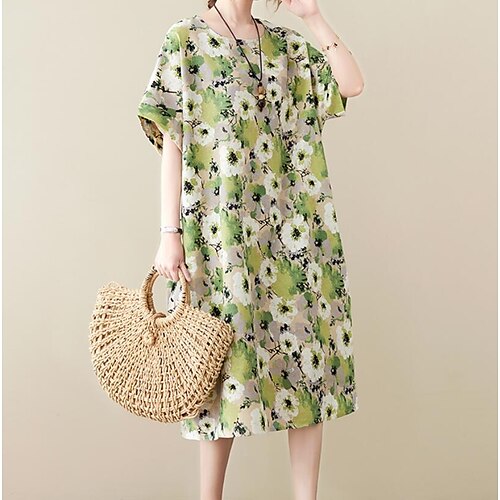 

Women's A Line Dress Knee Length Dress Blue Light Green Dark Green Light Blue Short Sleeve Print Print Summer Crew Neck Vintage Linen One-Size