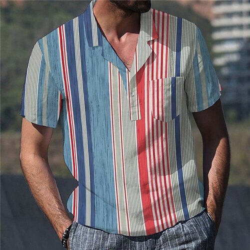 

Men's Shirt Print Striped Turndown Street Casual Button-Down Print Short Sleeve Tops Casual Fashion Designer Breathable Blue / Spring / Summer