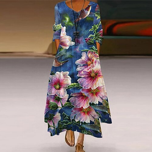 

Women's A Line Dress Maxi long Dress Blue Gray Purple Rainbow Beige Long Sleeve Floral Animal Pocket Button Print Spring Summer Round Neck Elegant Casual Vacation 2022 S M L XL XXL 3XL 4XL 5XL