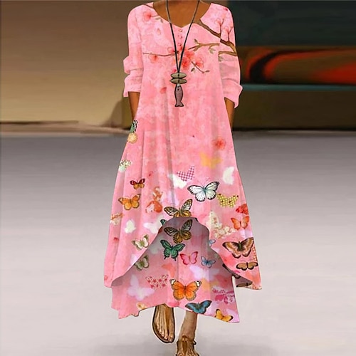 

Women's A Line Dress Maxi long Dress Blue Purple Pink Royal Blue Beige Long Sleeve Color Gradient Butterfly Animal Pocket Button Print Spring Summer V Neck Elegant Casual Vacation Loose 2022 S M L XL