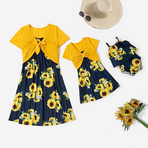 

Mommy and Me Dresses Floral Sunflower Daily Print Blue Knee-length Strap Dress Cute Matching Outfits / Spring / Summer / Elegant