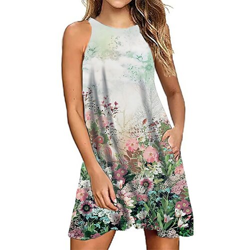

Women's A Line Dress Short Mini Dress Green Blue Sleeveless Floral Pocket Print Spring Summer Halter Neck Casual Vacation 2022 S M L XL XXL 3XL