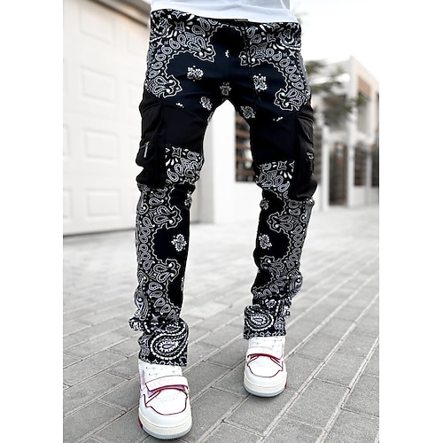 

Men's Cargo Pants Cargo Trousers Trousers Drawstring Elastic Waist Knitted Flower / Floral Outdoor Sports Full Length Daily Leisure Sports Athleisure Loose Fit Black White Micro-elastic