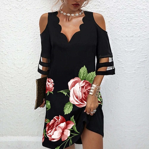 

Women's A Line Dress Short Mini Dress Pink 3/4 Length Sleeve Floral Cold Shoulder Print Spring Summer V Neck Casual 2022 S M L XL XXL 3XL