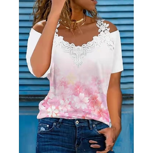 

Women's Blouse T shirt Print Flower / Floral Daily Off Shoulder T-shirt Sleeve Stard Summer White