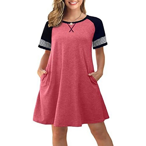 

women's hot product neckline cross round neck stitching striped short-sleeved dress