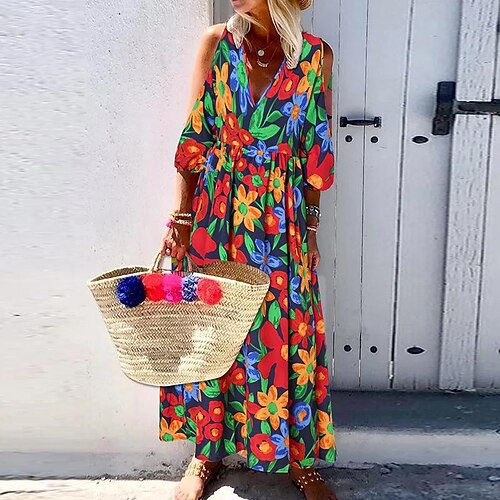 

Women's Shift Dress Maxi long Dress White Navy Blue 3/4 Length Sleeve Floral Cold Shoulder Print Spring Summer V Neck Elegant Casual Vacation 2022 S M L XL XXL 3XL 4XL 5XL
