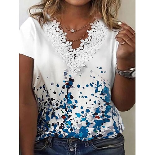 

Women's Plus Size Tops T shirt Tee Graphic Polka Dot Lace Print Short Sleeve V Neck Streetwear Daily Vacation Polyester Spring Summer White