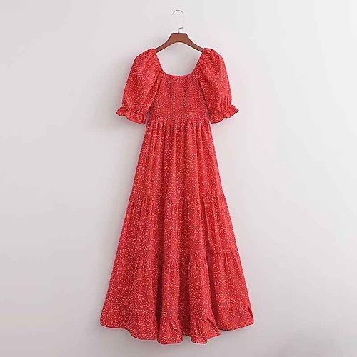 

Women's Swing Dress Knee Length Dress Red Half Sleeve Polka Dot Print Summer Square Neck Stylish Butterfly Sleeve 2022 S M L