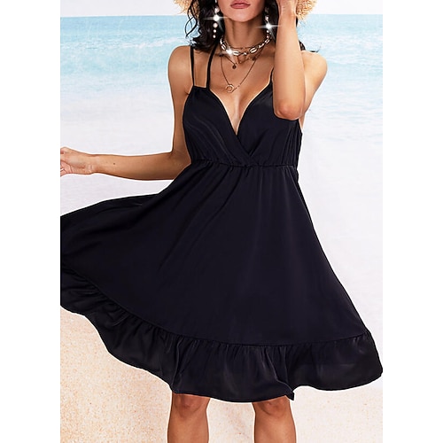 

Women's A Line Dress Knee Length Dress Black Sleeveless Solid Color Ruched Spring Summer V Neck Spaghetti Strap Elegant Casual 2022 S M L XL XXL 3XL