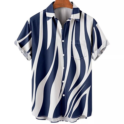 

Men's Shirt Waves Turndown Street Casual Button-Down Short Sleeve Tops Casual Fashion Breathable Comfortable Blue / White
