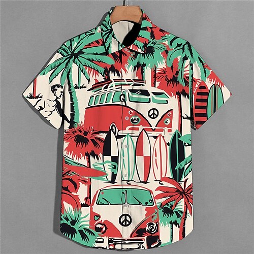 

Men's Shirt Print Scenery Bus Turndown Street Casual Button-Down Print Short Sleeve Tops Casual Fashion Designer Breathable Green