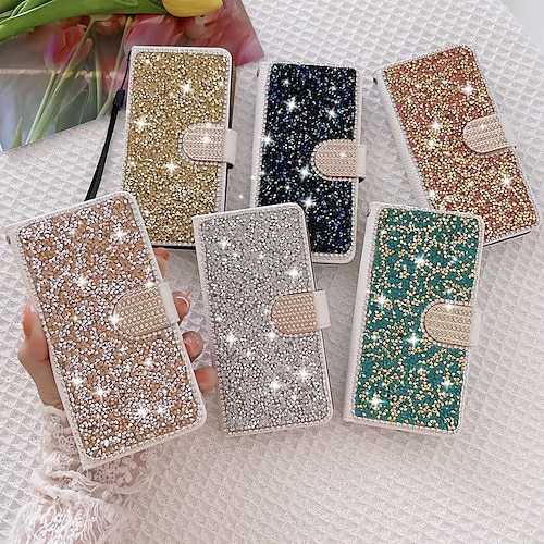 

Phone Case For Samsung Galaxy Wallet Card A73 A53 A33 S22 Ultra Plus S21 FE S20 A72 A52 A42 Note 20 Ultra Bling Rhinestone with Phone Strap Glitter Shine Crystal Diamond PU Leather