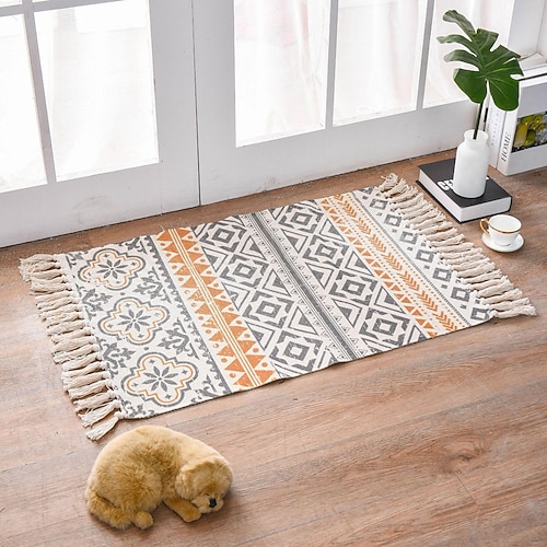 

Floor Boho Rug Aztec Cotton Mat with Tassel Hand Woven Printed Foot Mats Carpet Kitchen Runner for Livingroom Bedroom Kitchen Laundry Room Washable