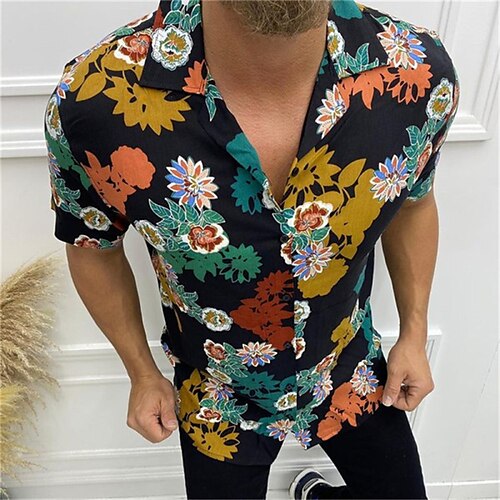 

Men's Shirt Print Floral Turndown Street Casual Button-Down Short Sleeve Tops Casual Fashion Breathable Comfortable Black