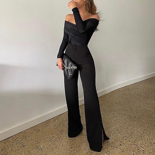 

Women's Jumpsuit Solid Color Off Shoulder Streetwear Street Daily Regular Fit Long Sleeve Black S M L Spring