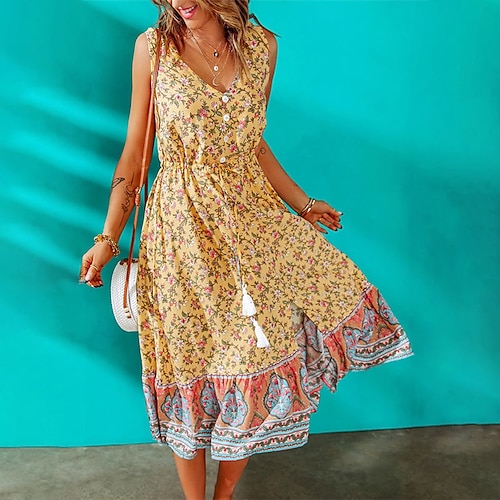 

Women's A Line Dress Midi Dress Green Blue Purple Fuchsia Dark Green Yellow Sleeveless Floral Button Print Spring Summer V Neck Casual 2022 S M L XL XXL 3XL