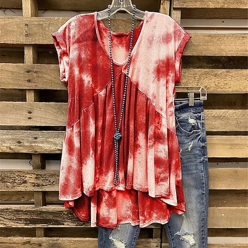 

Women's Plus Size Tops T shirt Tie Dye Print Short Sleeve V Neck Streetwear Daily Going out Polyester Spring Summer Gray Light Grey