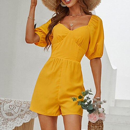 

Women's Romper Backless Solid Color V Neck Casual Street Daily Regular Fit Short Sleeve Yellow S M L Spring