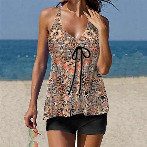 

Women's Swimwear Tankini 2 Piece Normal Swimsuit Printing Flower Yellow Vest V Wire Bathing Suits Sports Vacation Fashion / Sexy / Modern / New / Padded Bras