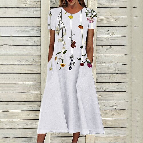 

Mujer Vestido Midi Blanco Manga Corta Floral Bolsillo Primavera Verano Cuello Barco Moderno 2022 S M L XL XXL 3XL