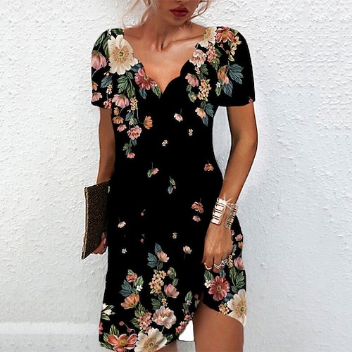 

Women's A Line Dress Short Mini Dress Black Pink Short Sleeve Floral Print Spring Summer V Neck Casual Vacation 2022 S M L XL XXL 3XL
