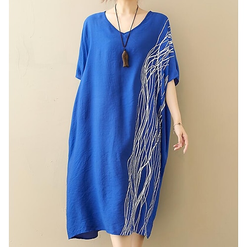 

Women's Shift Dress Midi Dress Blue Black Short Sleeve Striped Patchwork Summer Crew Neck Vintage Linen One-Size