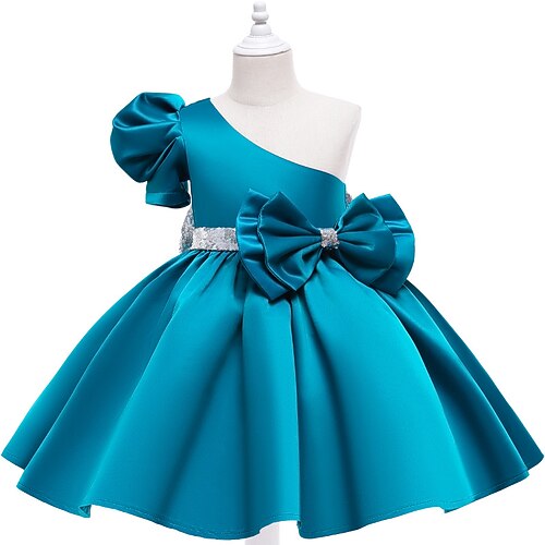 

Party Formal Evening Princess Flower Girl Dresses One Shoulder Knee Length Satin Spring Summer with Bow(s) Pure Color Cute Girls' Party Dress Fit 3-16 Years