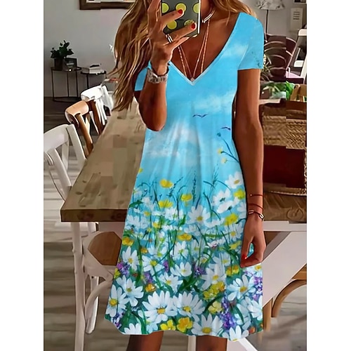 

Women's A Line Dress Knee Length Dress Blue Pink Khaki Dusty Blue Dark Blue Short Sleeve Floral Striped Geometric Patchwork Print Fall Summer V Neck Stylish Casual Vacation Butterfly Sleeve 2022 S M