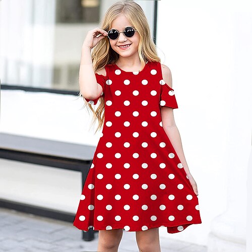 

Kids Girls' Dress Polka Dot A Line Dress Above Knee Dress Daily Print Short Sleeve Cute Dress 3-12 Years Spring Red