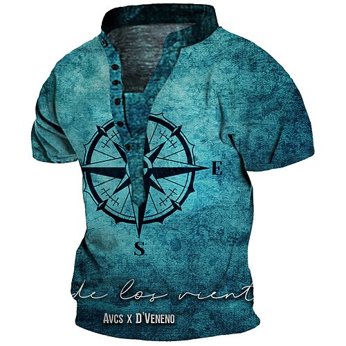 

Men's Henley Shirt Tee T shirt 3D Print Graphic Compass Plus Size Stand Collar Daily Sports Button-Down Print Short Sleeve Tops Basic Casual Designer Big and Tall Blue