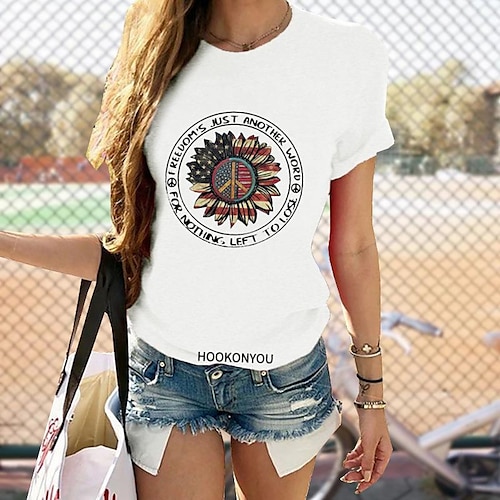 

2022 foreign trade july 4th american independence day round neck plus size female short sleeve sunflower sunflower print