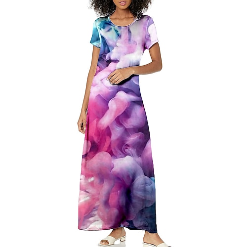

Women's A Line Dress Maxi long Dress Green Purple Pink Short Sleeve Abstract Print Spring Summer Crew Neck Vacation Classic 2022 S M L XL XXL 3XL / 3D Print