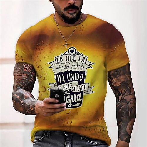 

Men's Unisex T shirt 3D Print Graphic Prints Beer Letter Crew Neck Street Daily Print Short Sleeve Tops Casual Designer Big and Tall Sports Yellow