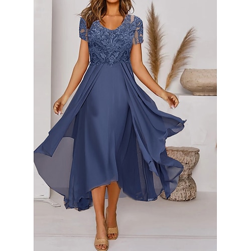 

Women's Party Dress Midi Dress Blue Purple Gray Short Sleeve Embroidery Embroidered Spring Summer Autumn Crew Neck Wedding Guest 2022 S M L XL XXL 3XL