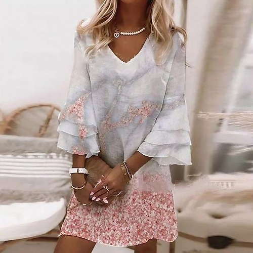 

Women's Shift Dress Mini Dress Pink Blue Light Blue 3/4 Length Sleeve Floral Print Summer Spring Fall V Neck Vacation Loose Fit 2023 S M L XL XXL 3XL 4XL