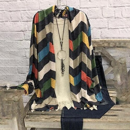 

Women's Plus Size Sweater Coat Print Color Block Causal Vacation Long Sleeve Shirt Collar Regular Fall Spring Black L XL XXL 3XL